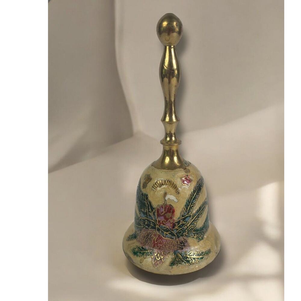 Vintage Brass Cloisonne Painted 5.5" Christmas Bell Candle Holly Design